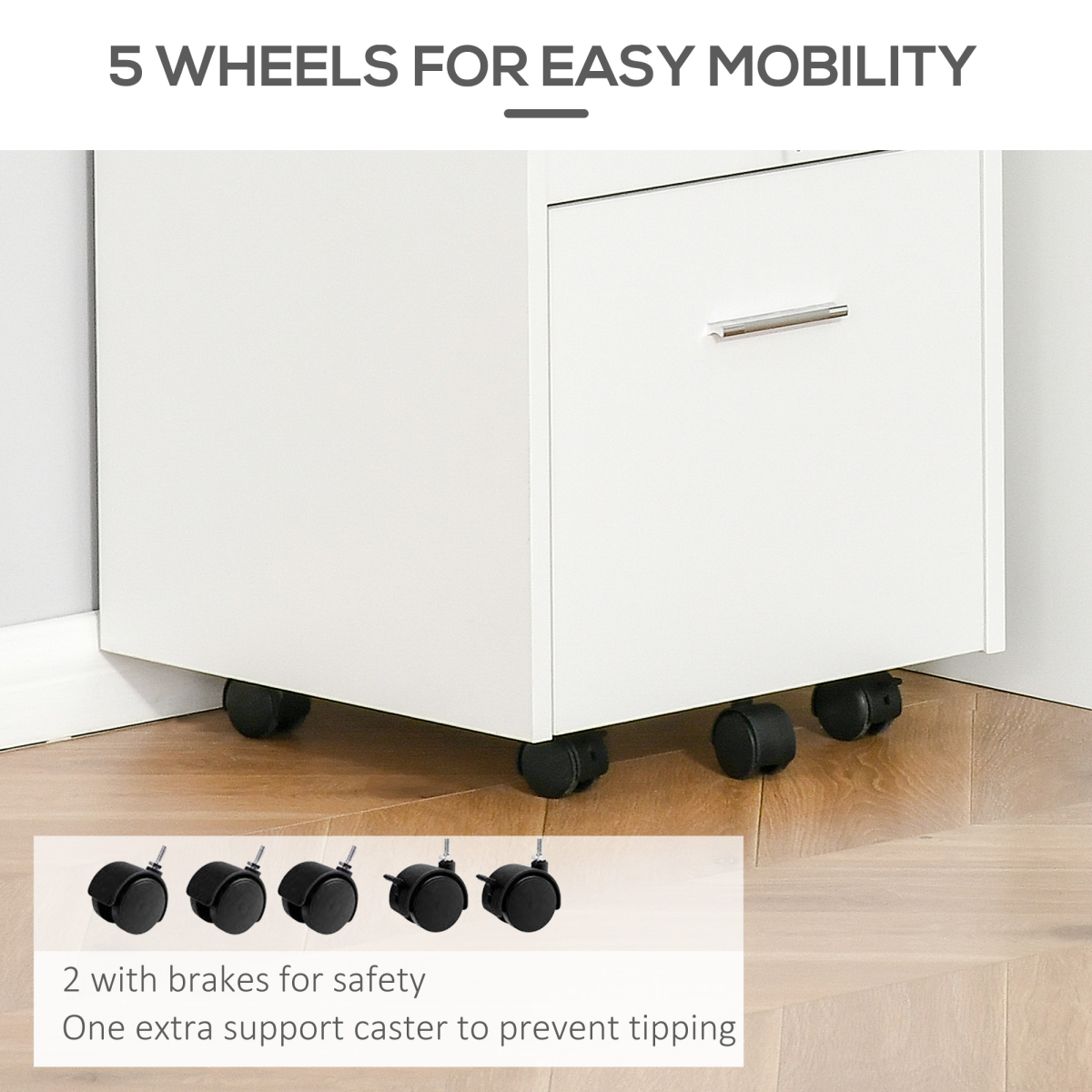 Mobile File Cabinet Lockable Documents Storage w/ 5 Wheels White Vinsetto