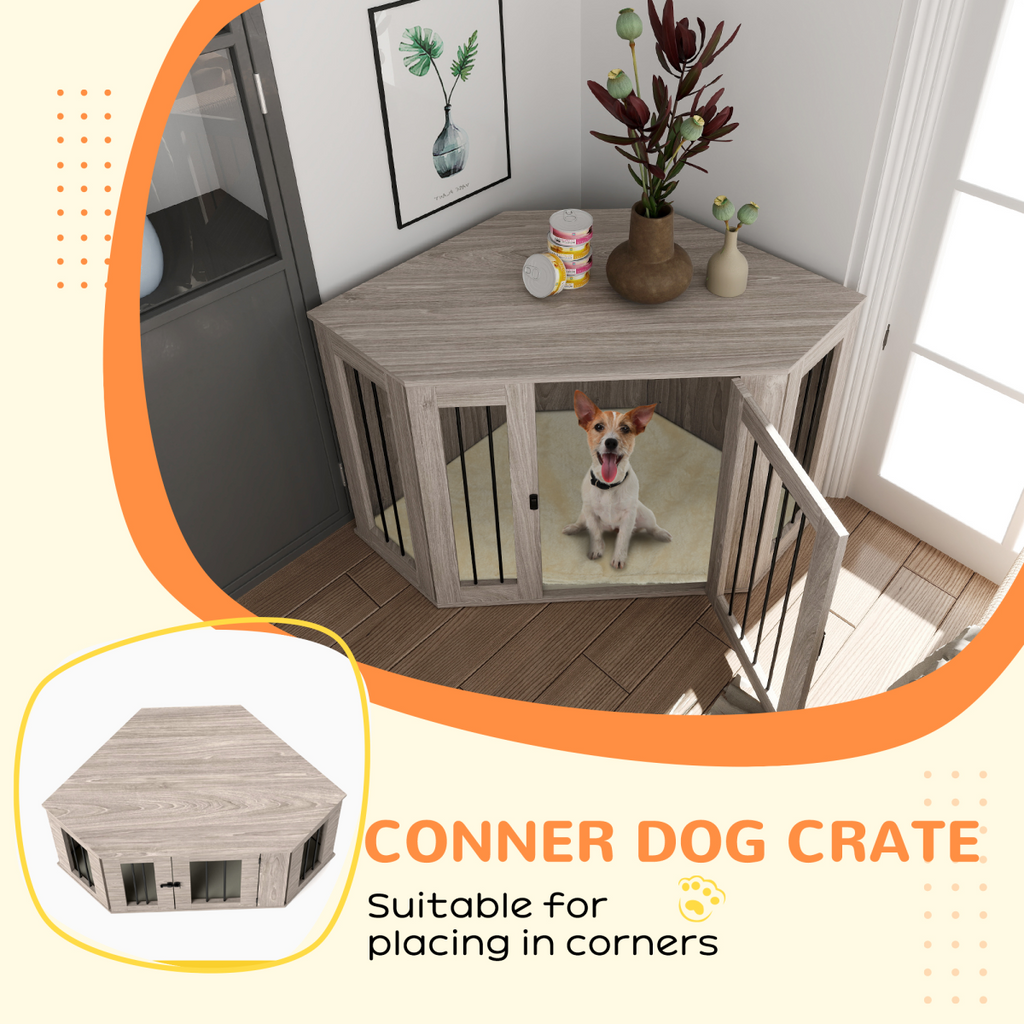 PawHut Dog Crate Furniture for Large Dogs w/ Cushion, Door - Walnut Brown