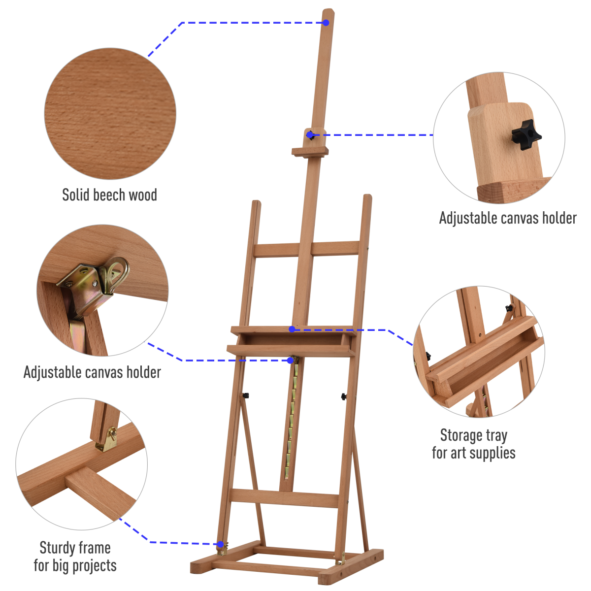 H-Frame Studio Easel Height Adjustable with Canvas Holder Pencil Case Vinsetto