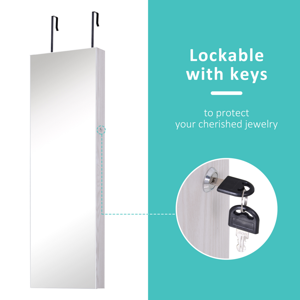 Hanging Mirrored Jewel Storage Cabinet Organiser Lockable w/6 LED White