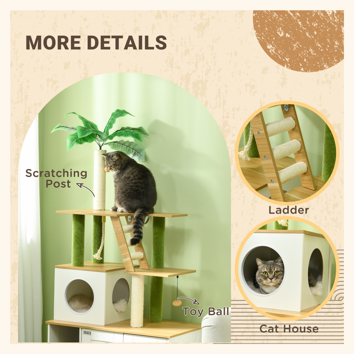 PawHut 2 in 1 Hidden Litter Box with Green Leaf Cat Tree, Indoor, Oak