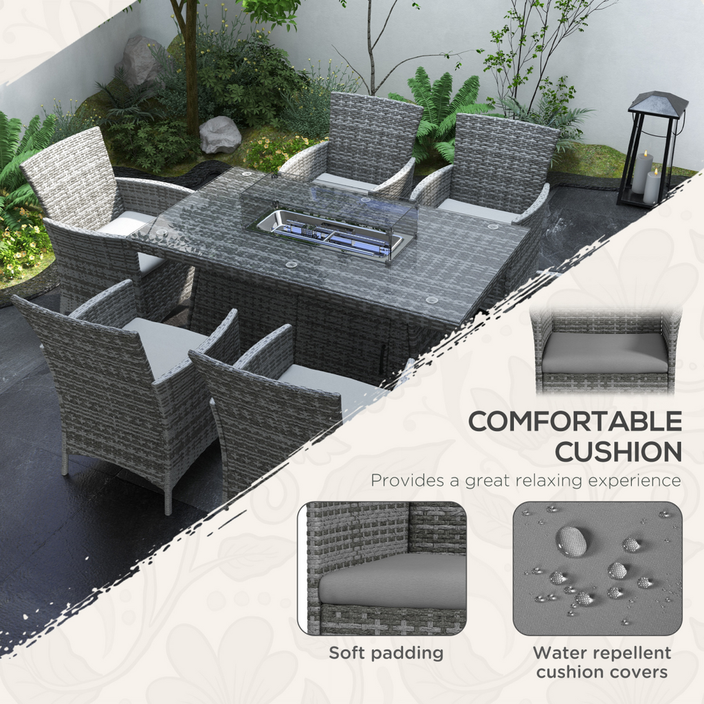 Outsunny PE Rattan Dining Set with Fire Pit Table and Cushioned Armchairs, Grey