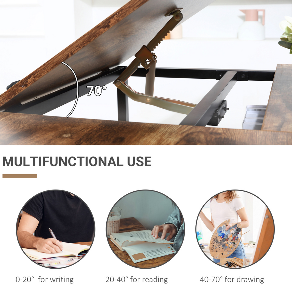 Tiltable Drafting Table Home Office Computer Desk  Shelf, Rustic Brown