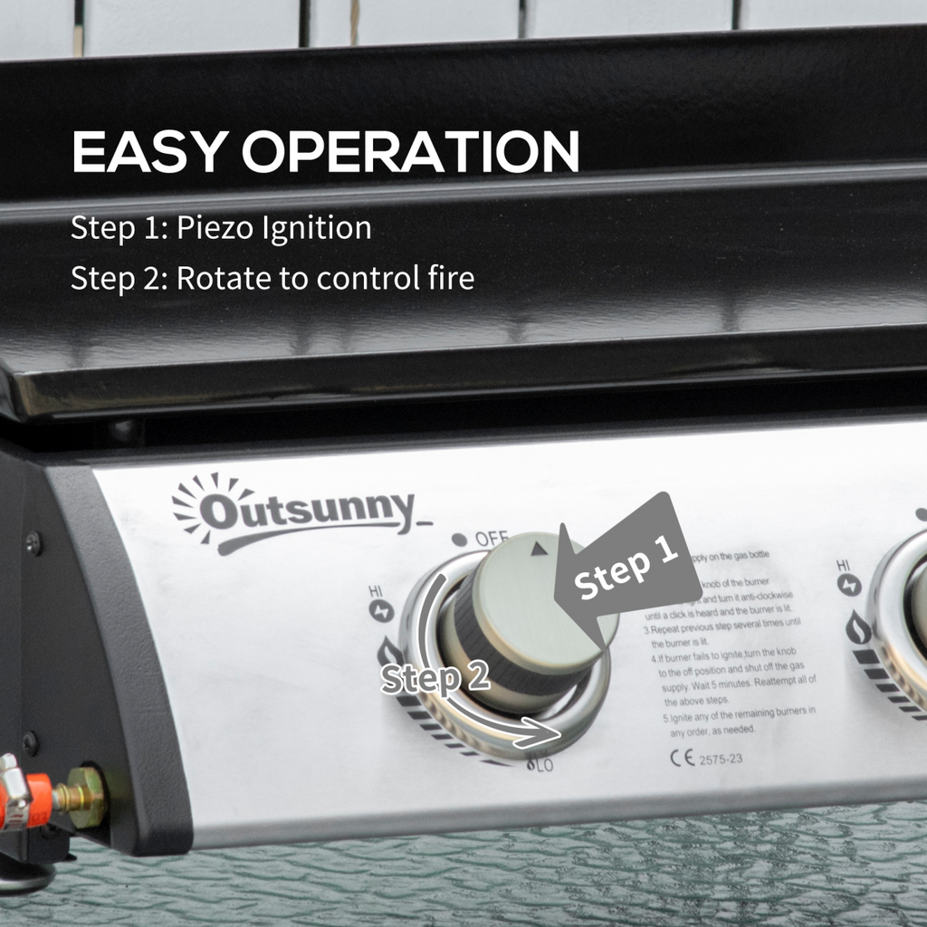 Outsunny Portable Gas Plancha BBQ Grill with 3 Stainless Steel Burner, 9kW