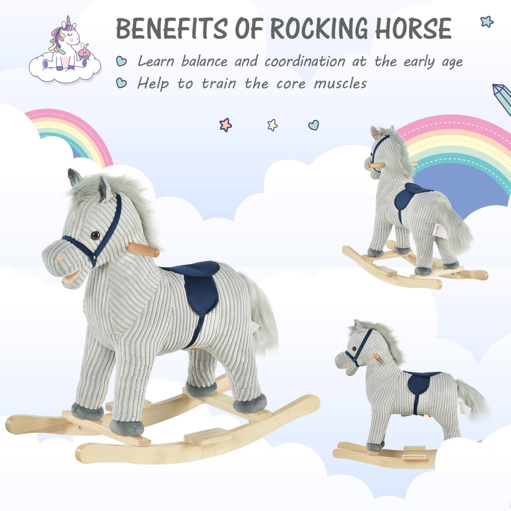 Grey Corduroy Sound-Effect Rocking Horse – Ages 3–6