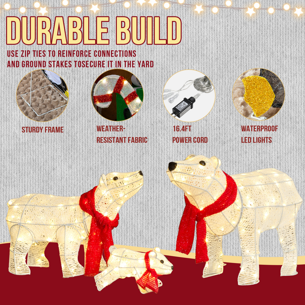 Set of 3 Lighted Polar Bear Family Christmas Decorations