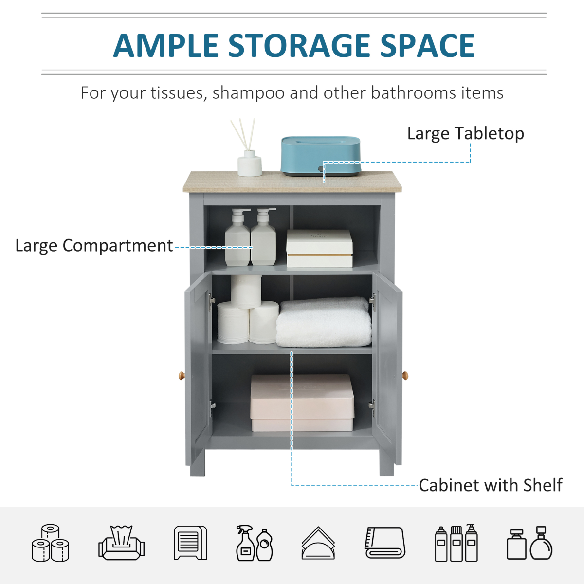 kleankin Bathroom Floor Storage Cabinet Standing Unit  Doors Adjustable Shelf