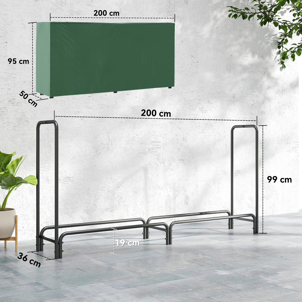 Outsunny Metal Firewood Rack, Log Holder, 200 x 36 x 99 cm, Dark Green
