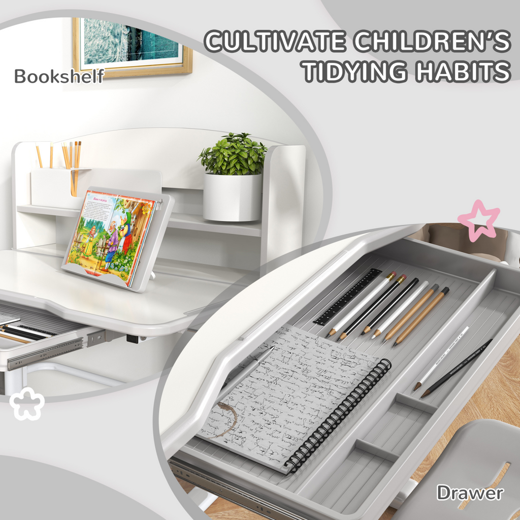 ZONEKIZ Height Adjustable Kids Desk and Chair Set, with Drawer, Bookshelf, Grey