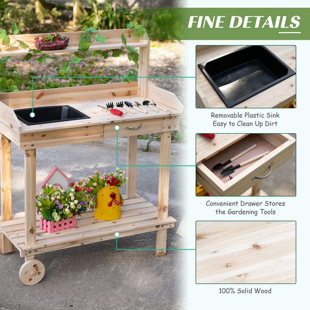 Wooden Bench Work Table & 2 Wheels, Sink, Drawer & Storage Spaces, 92x45x119cm