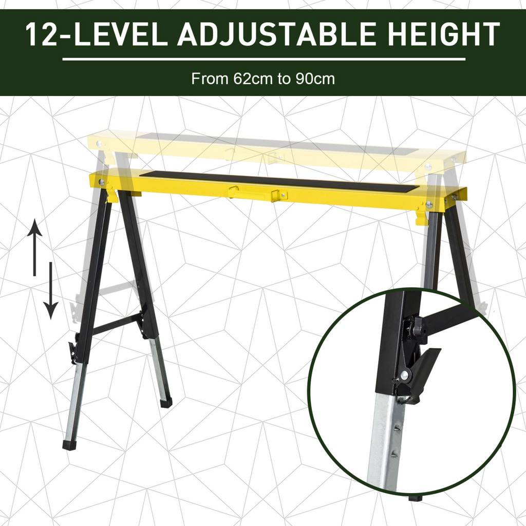 Set of 2 Folding Saw Horses Steel Frame Anti-Slip Platform Handle DIY Durhand