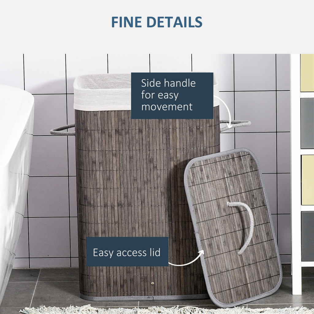 Bamboo Laundry Basket with Flip Lid Foldable, Grey Handles Lining