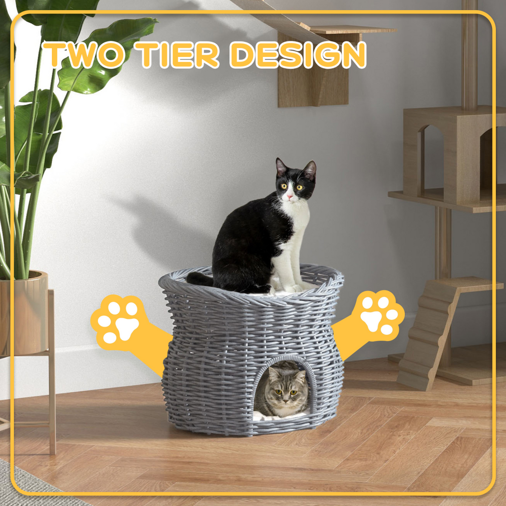 PawHut 2-Tier Elevated Pet Cushion Bed Basket Willow Cat Tree House Condo Kennel