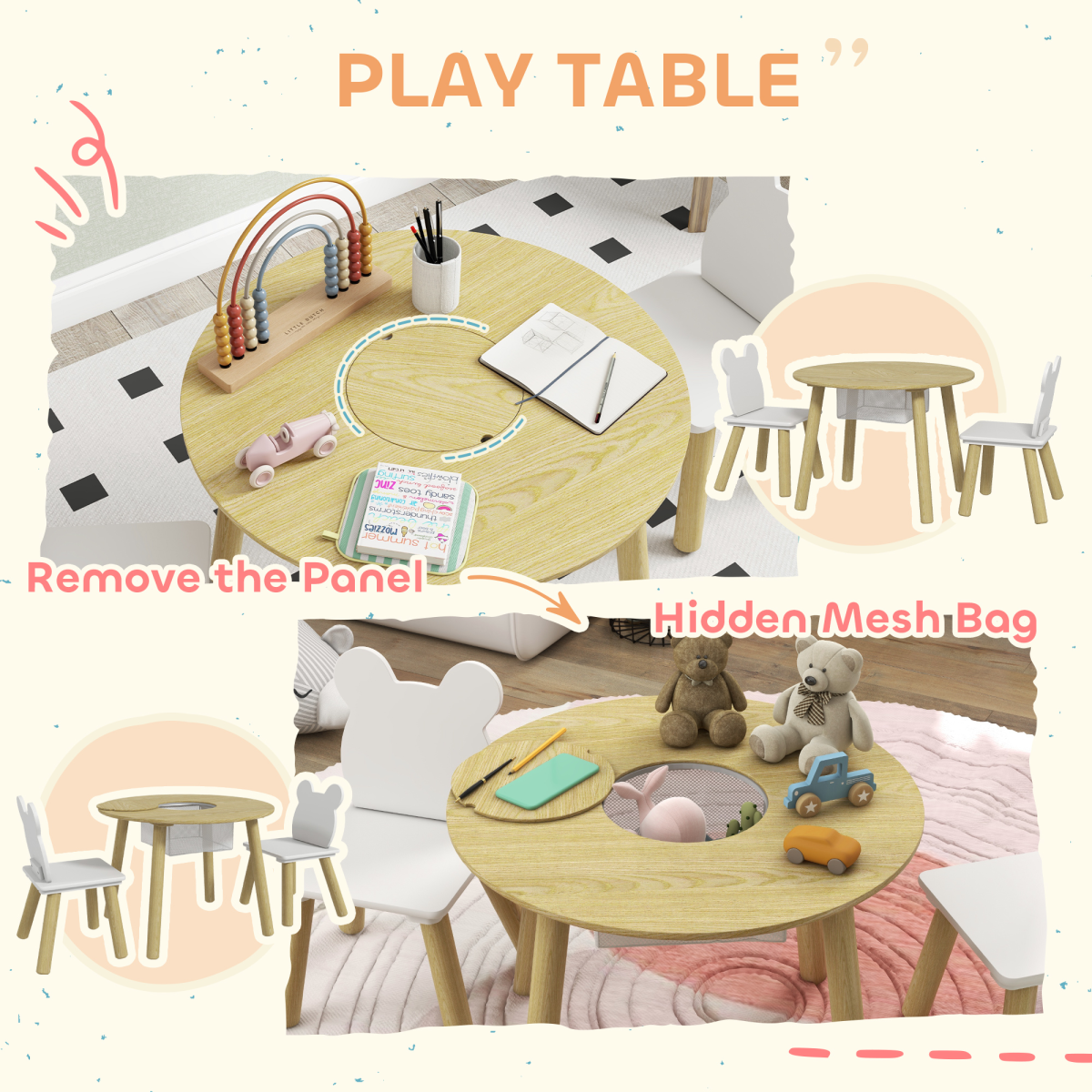 AIYAPLAY 3 Pieces Toddler Table and Chair Set with Centre Mesh Bag