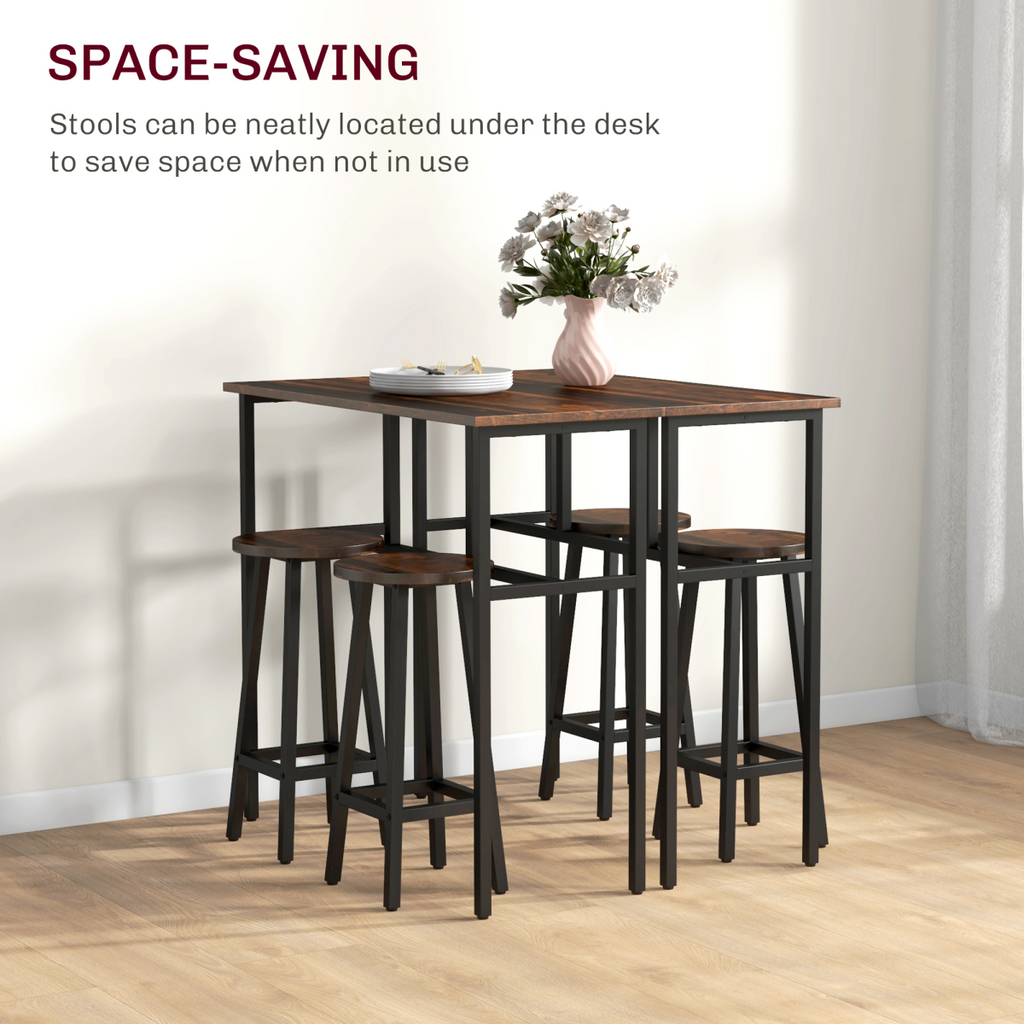 HOMCOM 6-Piece Industrial Bar Table Set, 2 Kitchen Tables with 4 Stools, Brown