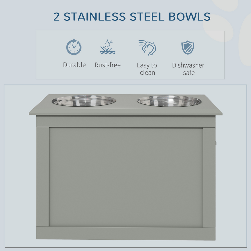 Raised Pet Dog Bowls w/ Storage, Two Bowls, Elevated Base - Grey