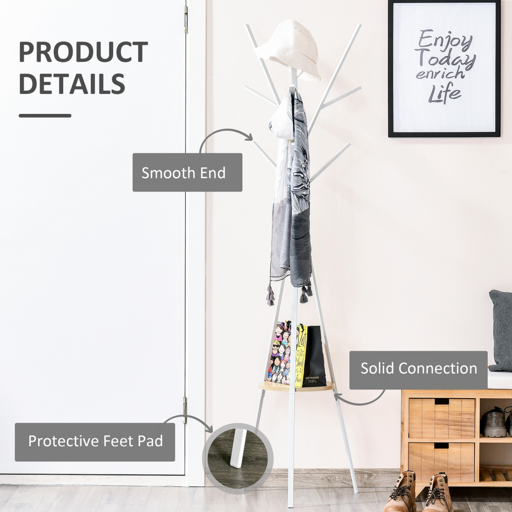 180cm Coat Rack Metal Clothes and Scarves Hat Hanger Hall Tree 9 Hooks-White