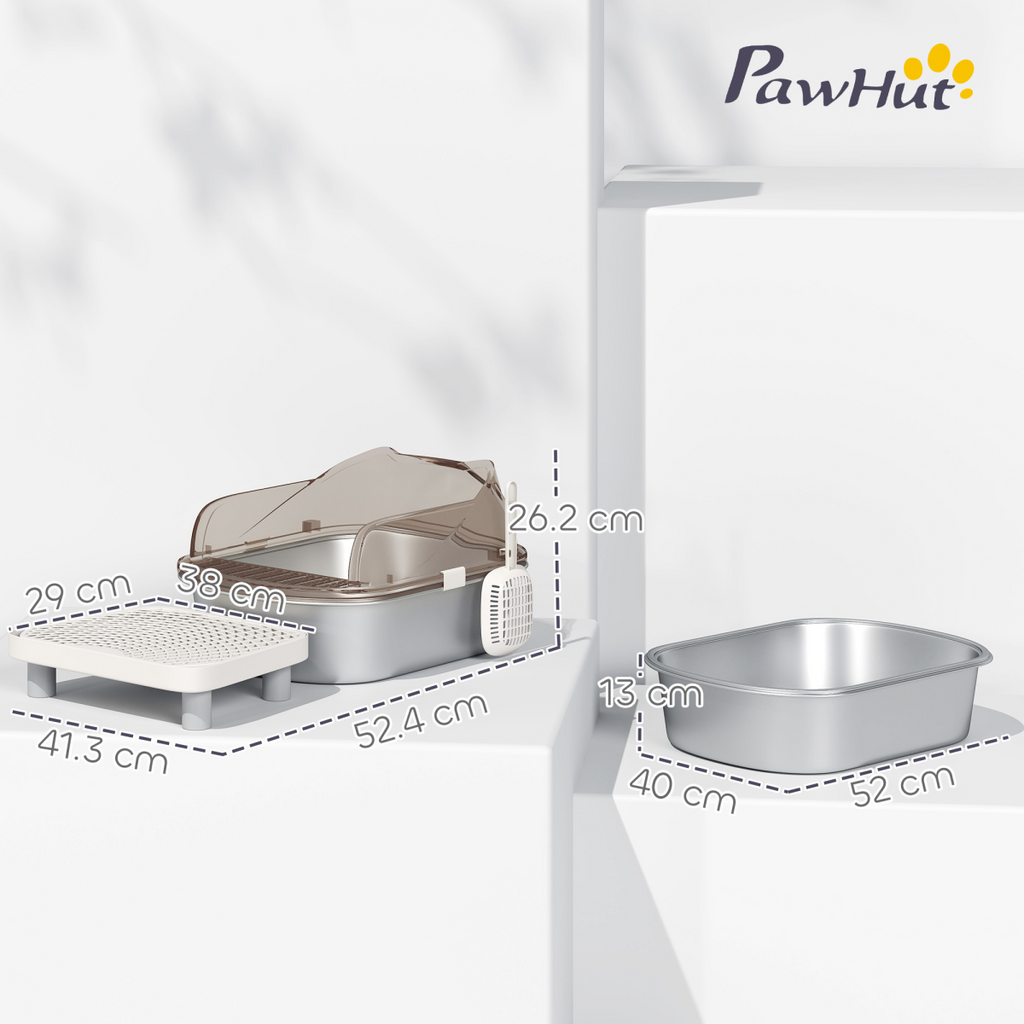 PawHut Stainless Steel Litter Box, Cat Litter Tray w/ Lid, Pedal, Scoop
