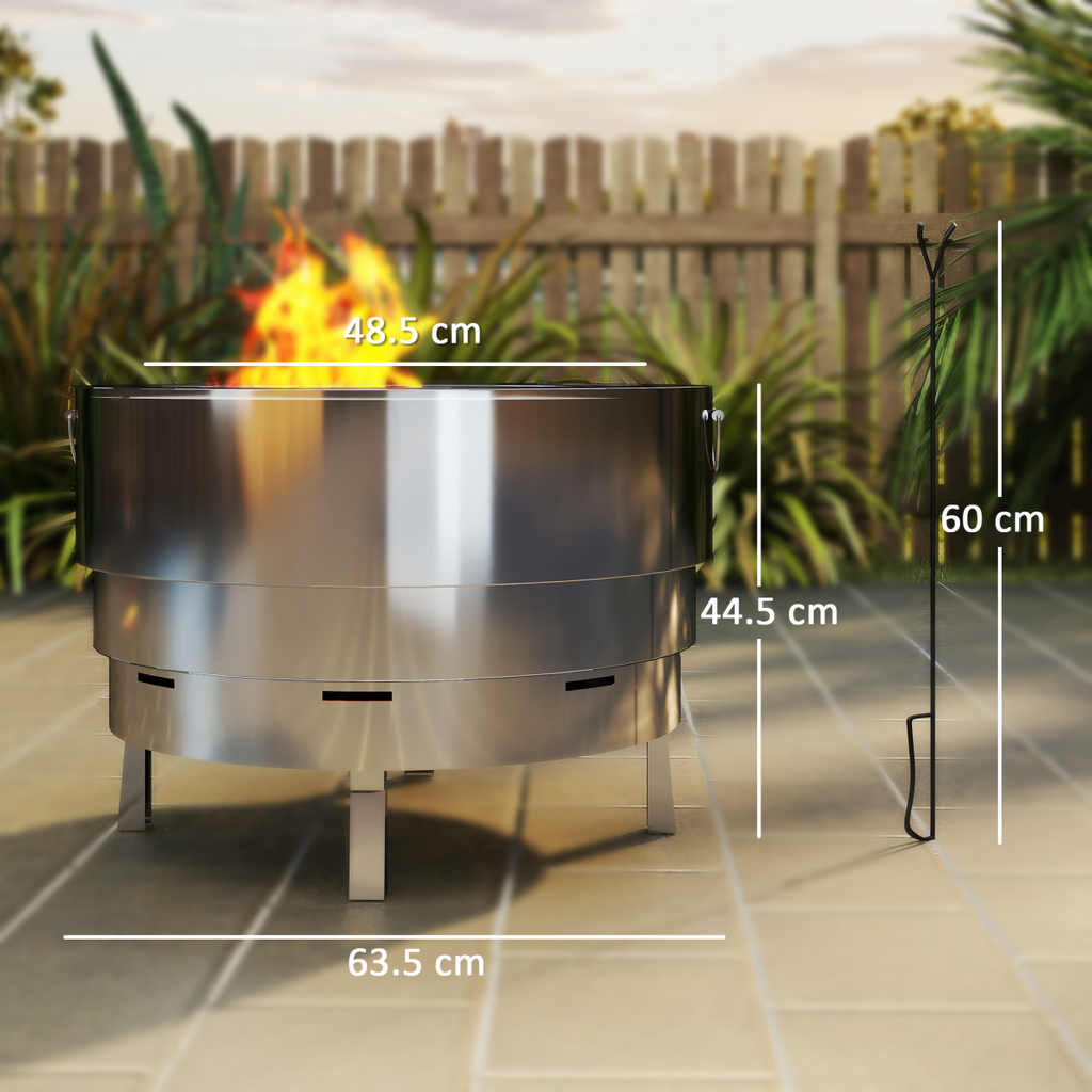 Outsunny Round Fire Pit with Grill Net, Stainless Steel Firepit, Silver