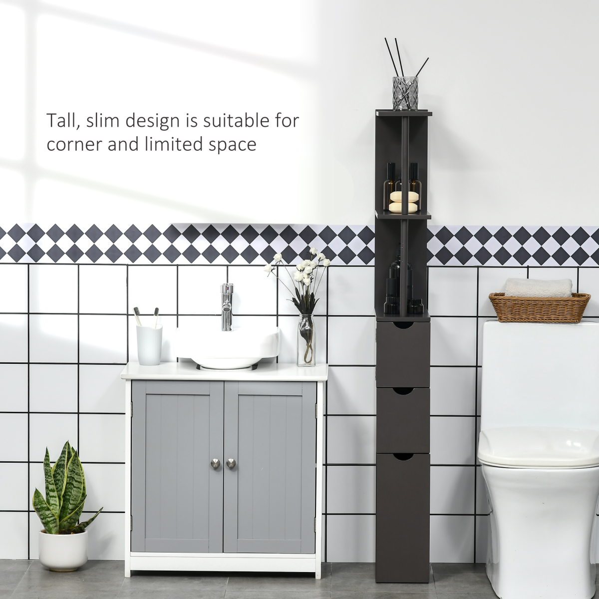 HOMCOM Tall Bathroom Storage Cabinet with Shelf and Drawers, Brown