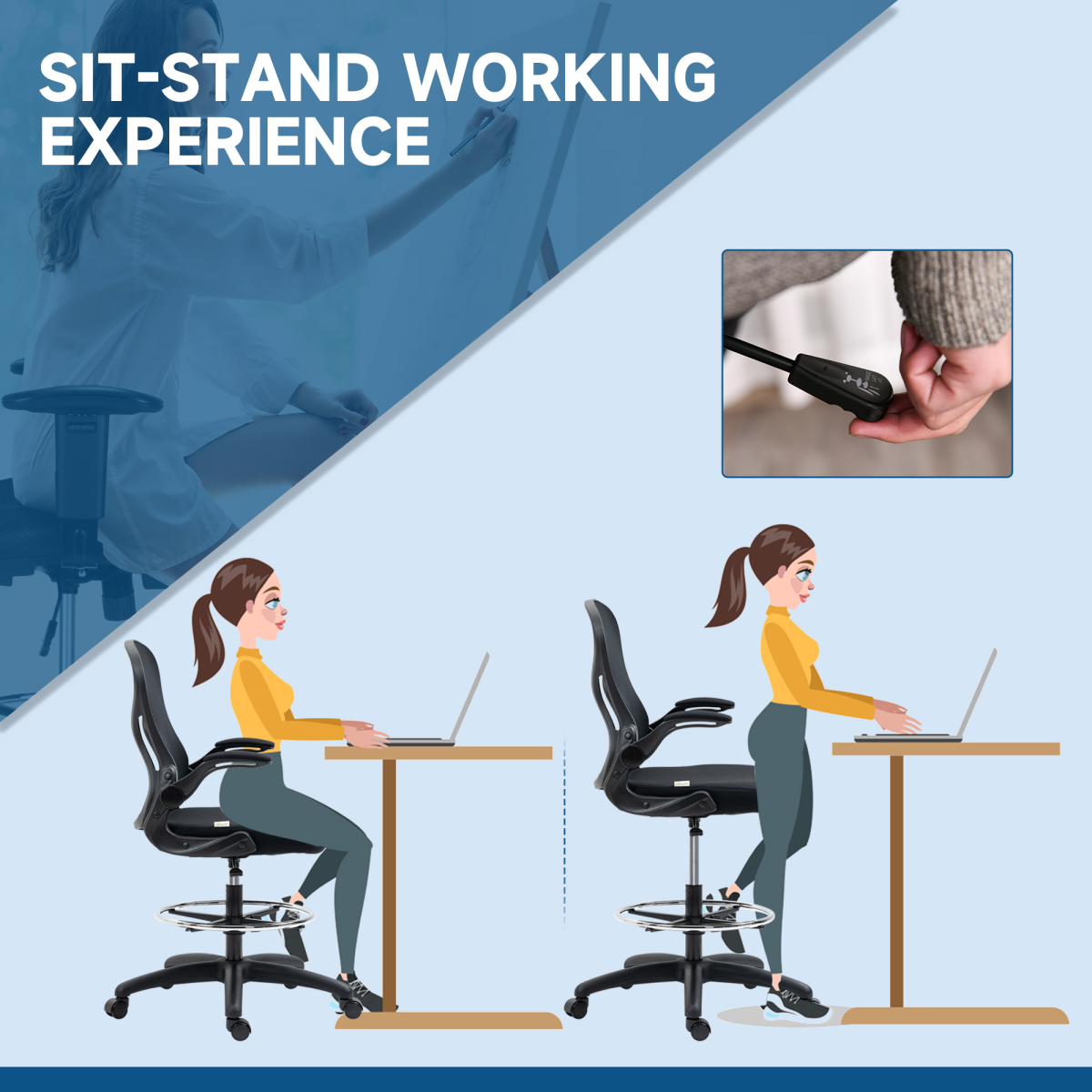 Vinsetto Draughtsman Chair Tall Office Chair with Adjustable Footrest Ring Black