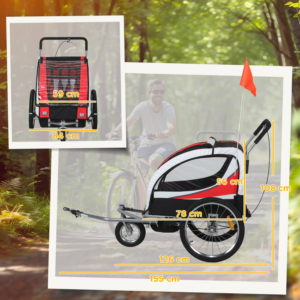 HOMCOM 2 Seat Child Bike Trailer, Baby Bicycle Trailer for 2 Kids, Red