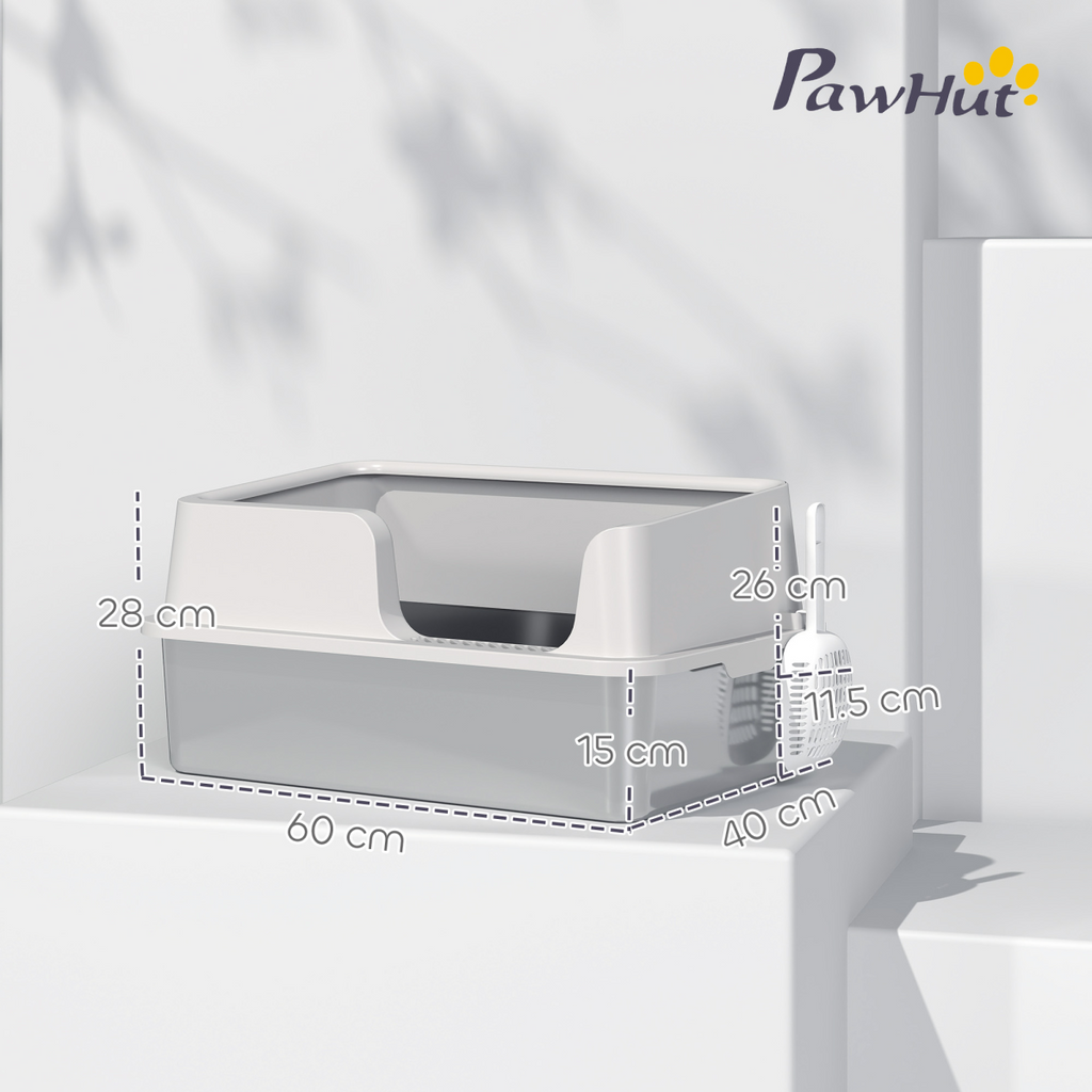 PawHut Stainless Steel Litter Box, High Sided Metal Cat Litter Tray w/ Scoop
