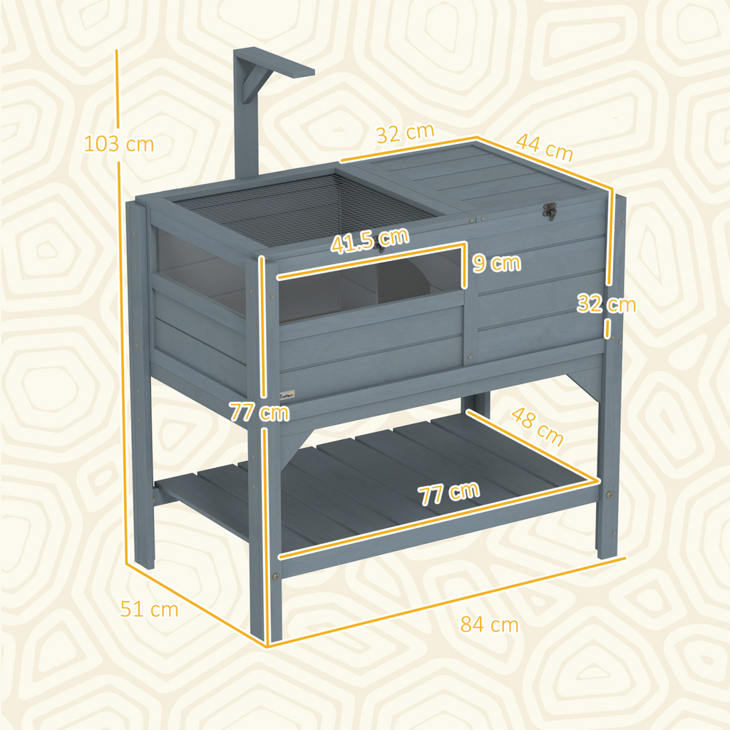 PawHut Wooden Tortoise House w/ Run, Shelter, Shelf, Lamp Holder, Grey