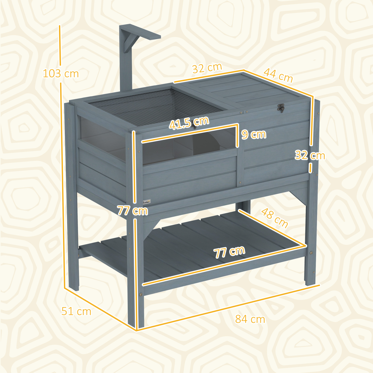 PawHut Wooden Tortoise House w/ Run, Shelter, Shelf, Lamp Holder, Grey