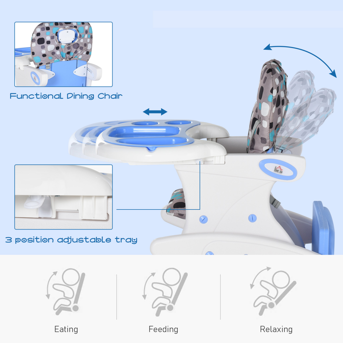 3-in-1 Convertible Baby High Chair Booster Seat with Removable Tray Blue