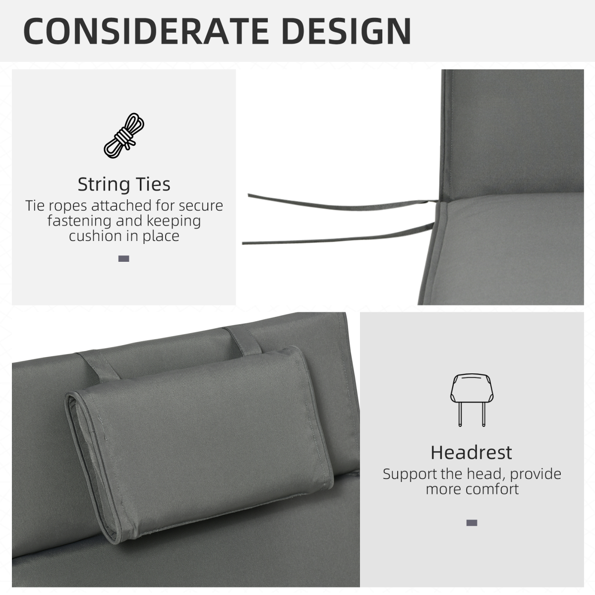 Outsunny Garden Sun Lounger Chair Cushion Reclining Relaxer Indoor Outdoor Grey
