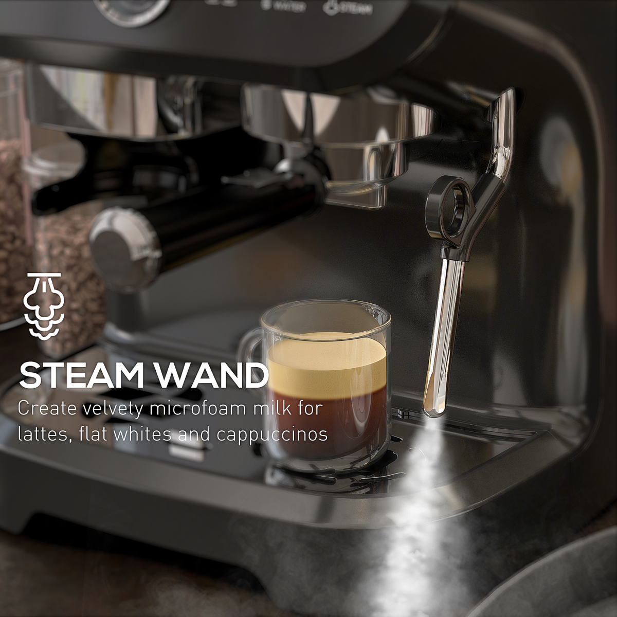 Espresso Coffee Machine with Integrated Bean Grinder & Steam Wand 15 Bar Pressure