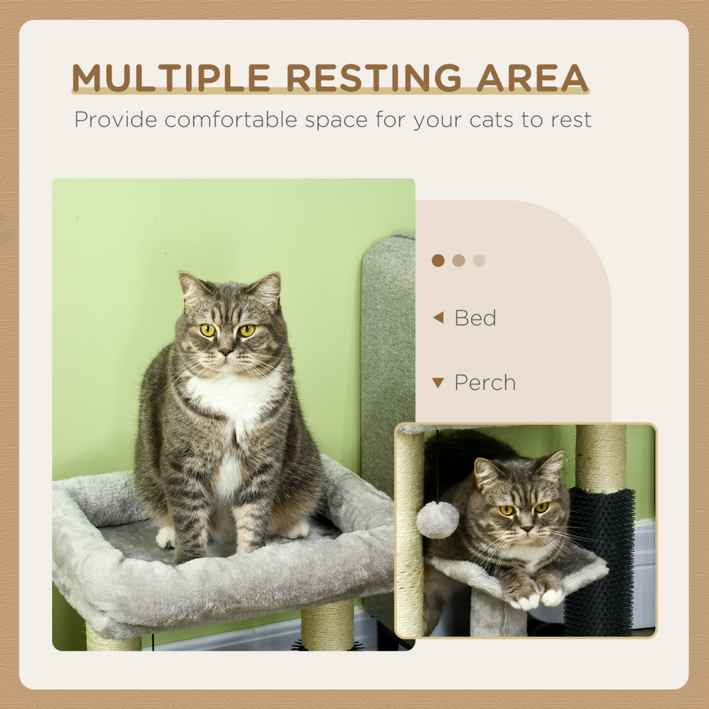 PawHut Small Cat Tree Tower with Scratching Posts, Bed, Perch, Self Groomer, Toy
