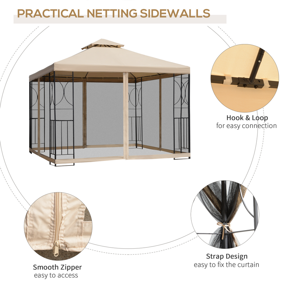 Outsunny 3x3m Outdoor Gazebo Tent W/Netting, 2-tier Roof
