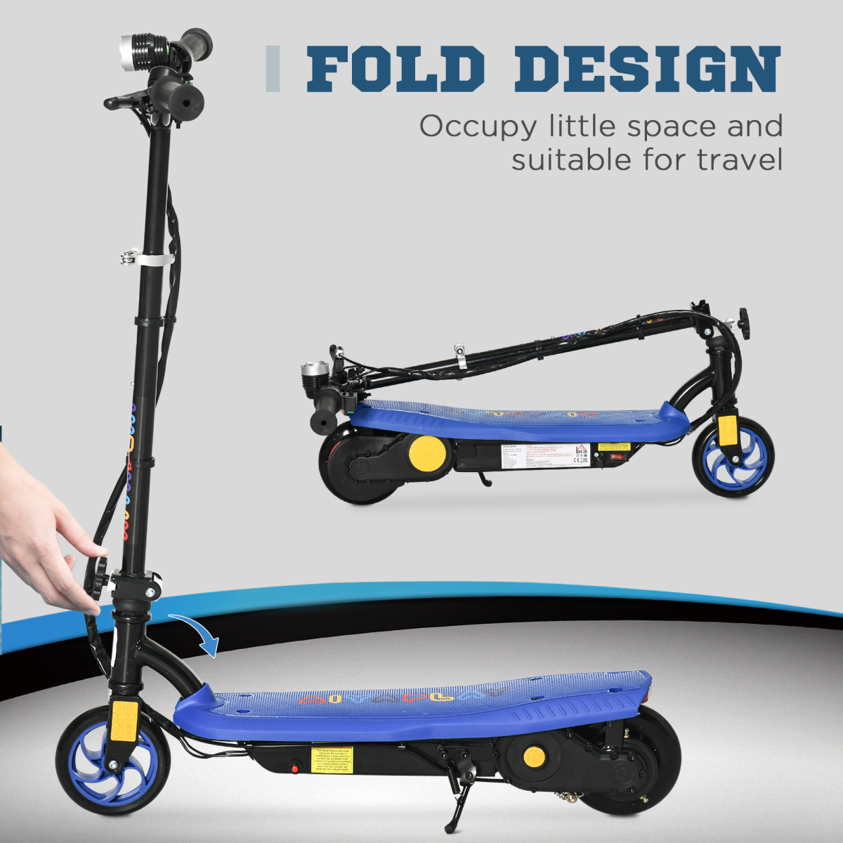 Folding Electric Scooter E-Scooter with LED Headlight, for Ages 7-14 Years - Blue