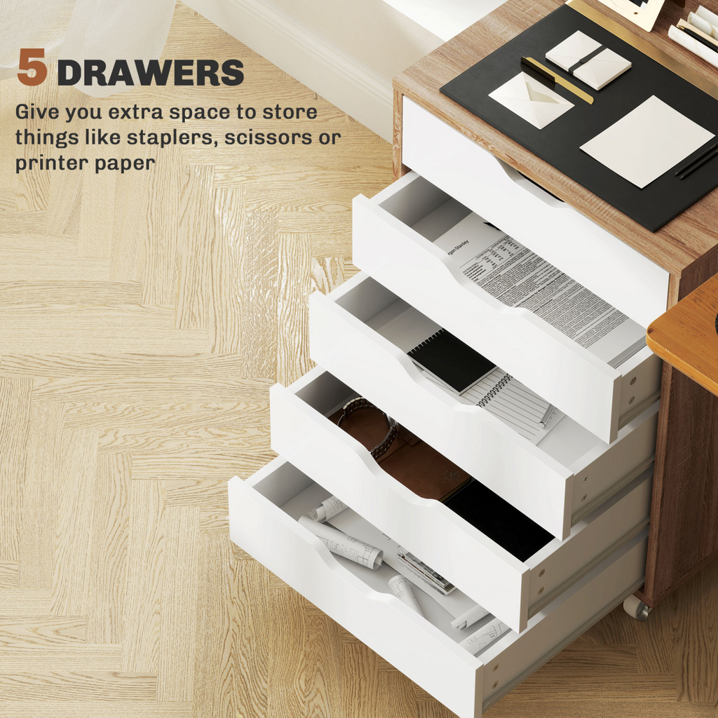Vinsetto Mobile Filing Cabinet, 5-drawer File Cabinet with Wheels, Oak