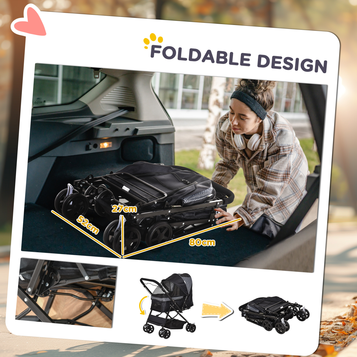 Pet Stroller Dog Foldable Travel Carriage with Reversible Handle, Black