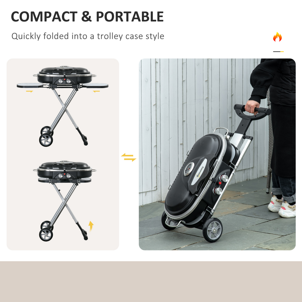 Foldable 2 Burner Gas BBQ Grill Trolley w/ Side Shelves Storage Pocket