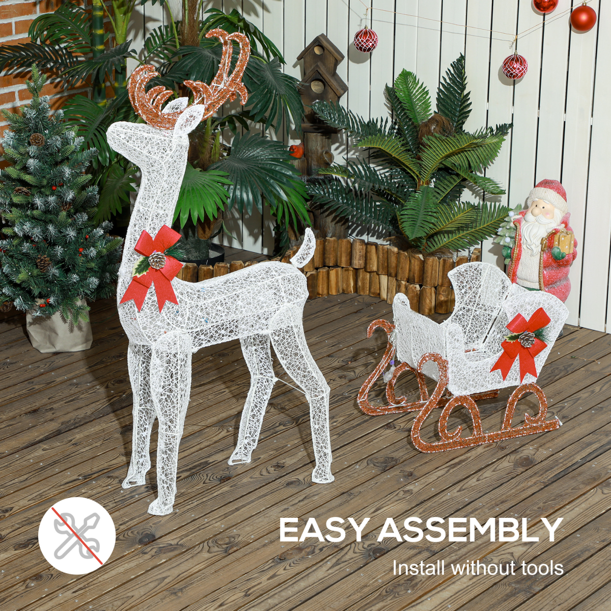 Outsunny Light Up Reindeer & Sleigh Christmas Decoration w/ 170 LED Lights