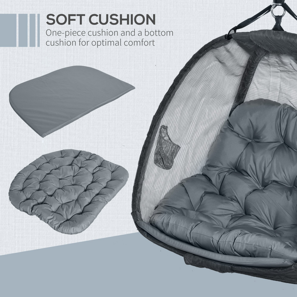 Double Hanging Egg Chair 2 Seaters Swing Hammock w/ Cushion, Grey