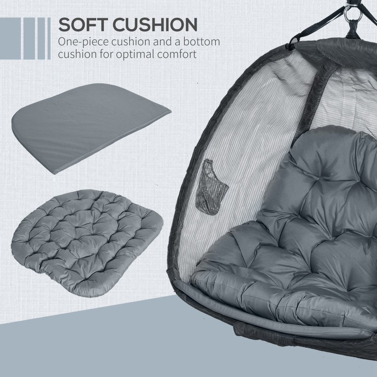 Double Hanging Egg Chair 2 Seaters Swing Hammock w/ Cushion, Grey