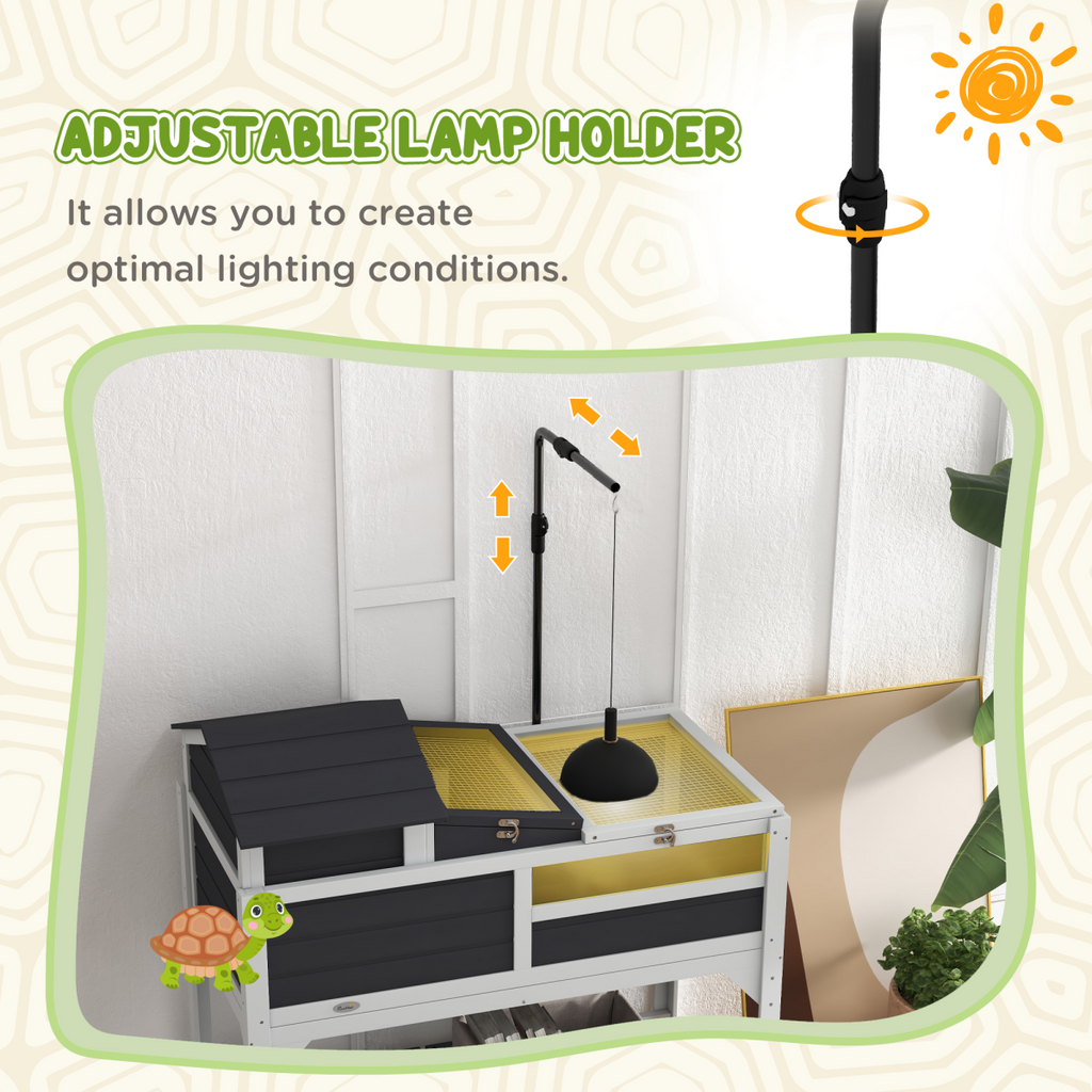 PawHut Tortoise House w/ Adjustable Lamp Holder, Openable Lid, Storage Shelf