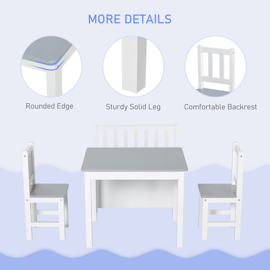 4-Piece Set Kids Wood Table Chair Bench Storage Function for 3 Years+ HOMCOM