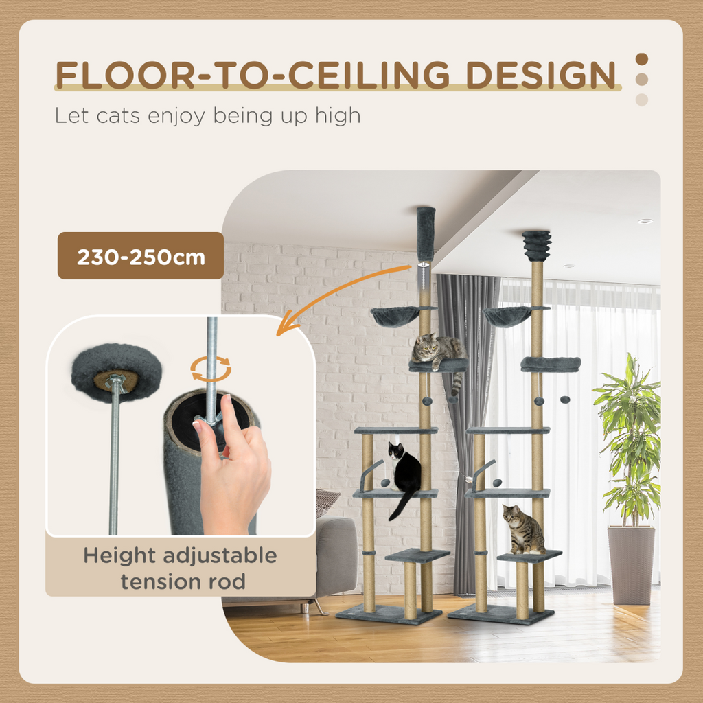 6-Tier Floor to Ceiling Cat Tree with Scratching Post, Bed, Hammock, Grey