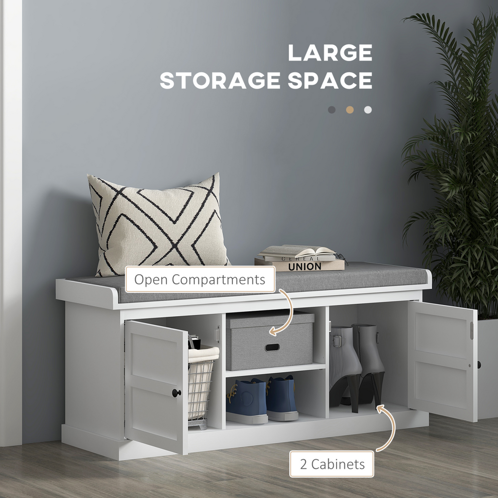 HOMCOM Shoe Storage Bench with Cushion 2 Cabinets for Entryway Hallway White