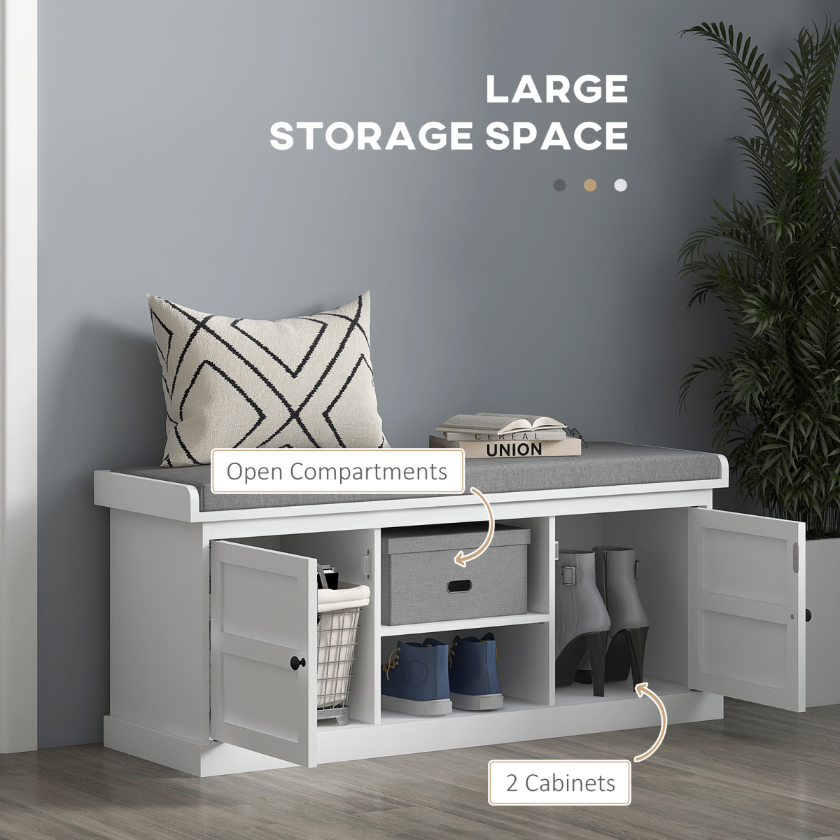 HOMCOM Shoe Storage Bench with Cushion 2 Cabinets for Entryway Hallway White