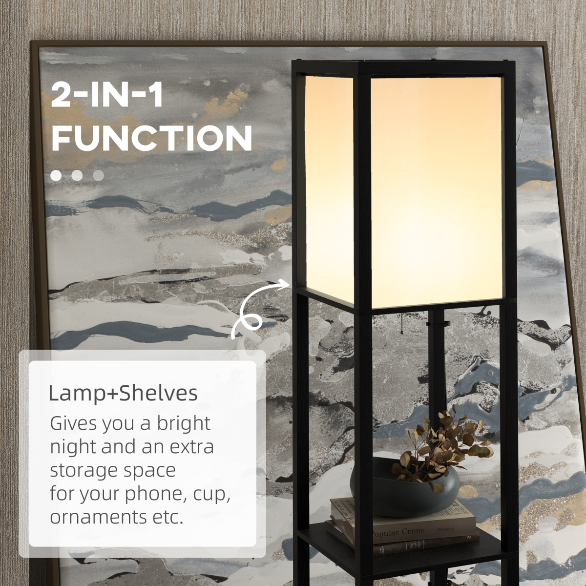 HOMCOM Shelf Floor Lamp with Dual Light, for Living Room, Bedroom, Black