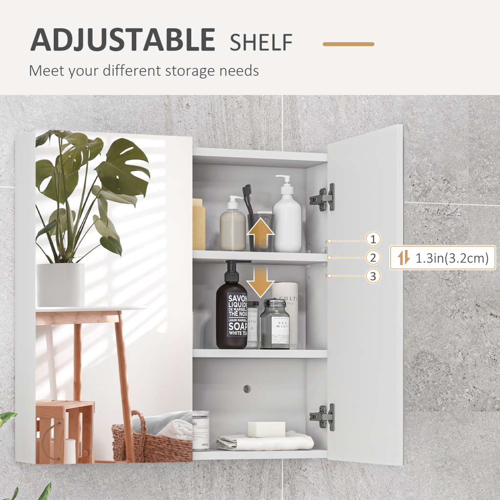 kleankin Wall Mounted Bathroom Storage Cupboard W/ Mirror and Shelf, White