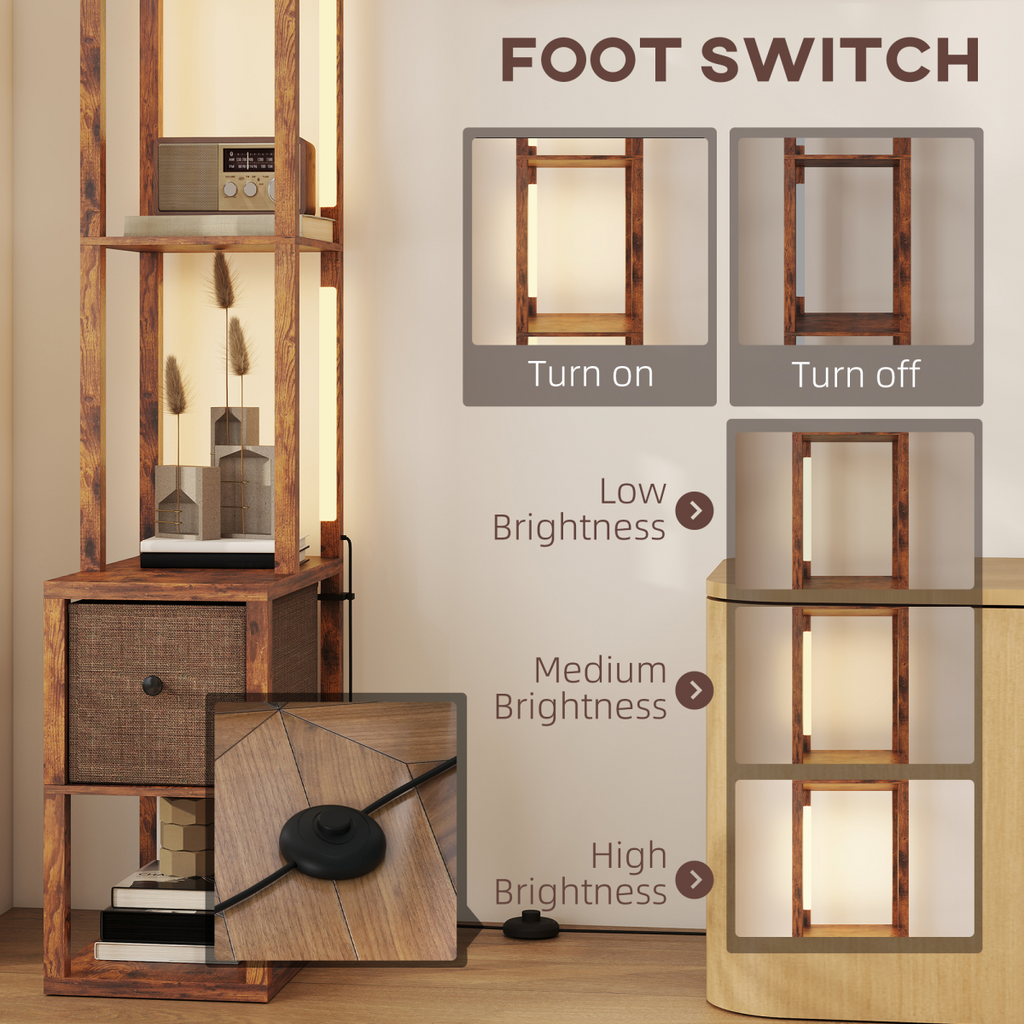 Rustic Brown LED Floor Lamp with Shelves & Drawer