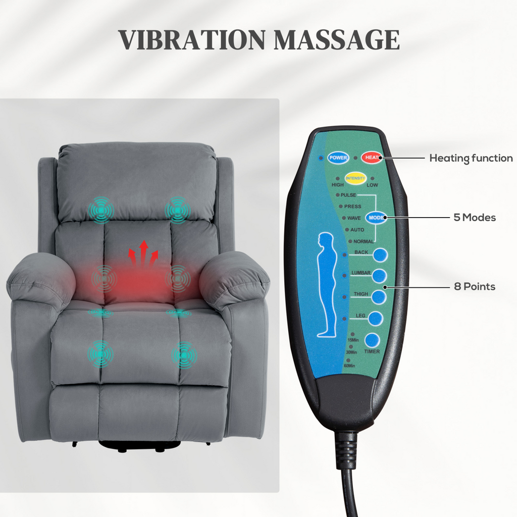 HOMCOM Lift Chair Riser and Recliner Chair with Vibration Massage, Heat, Grey